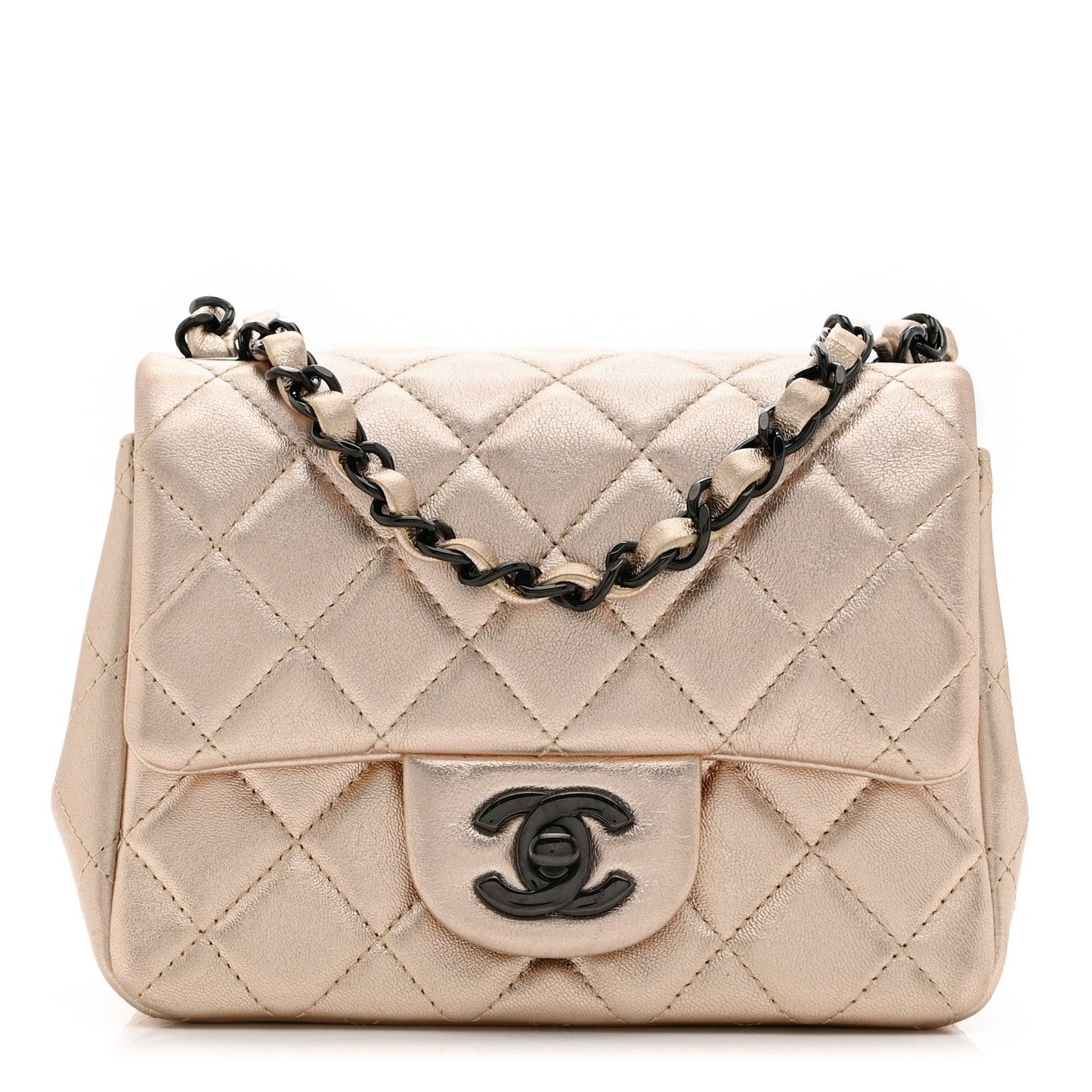 Metallic Lambskin Quilted Mini Square Flap Gold Black