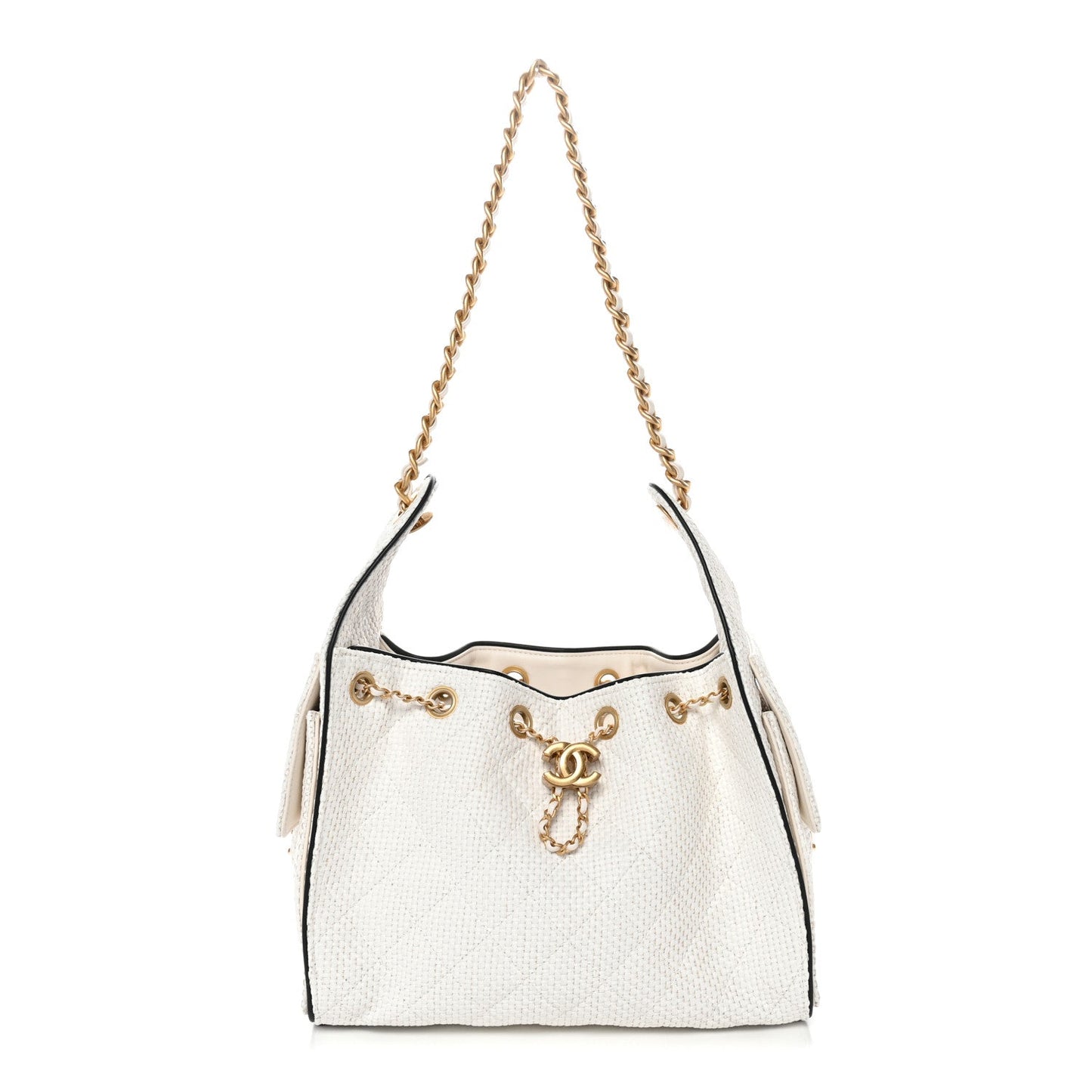 Braided Raffia Calfskin Quilted Small Chanel 25 Handbag White Black