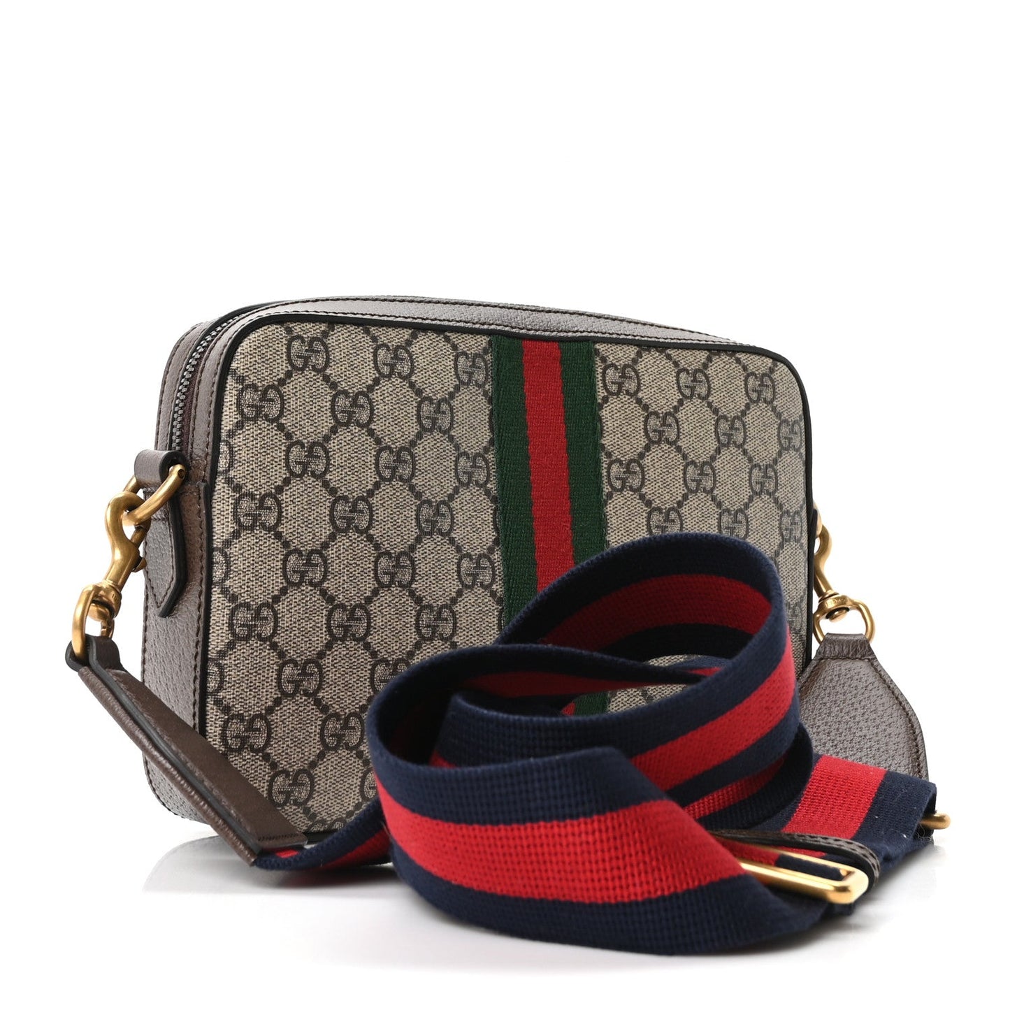 GG Supreme Monogram Textured Dollar Calfskin Web Ophidia Wristlet Shoulder Bag Beige Ebony New Acero