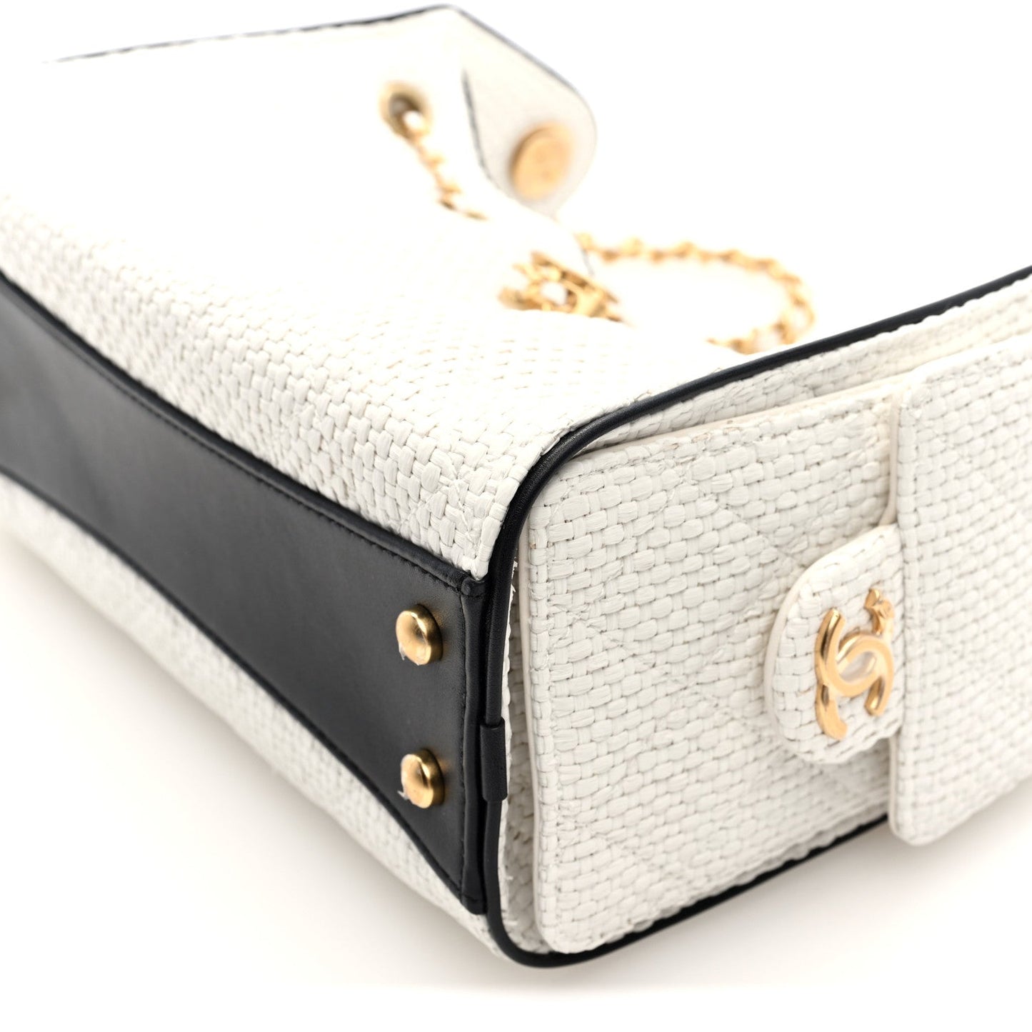Braided Raffia Calfskin Mini Chanel 25 Handbag White Black