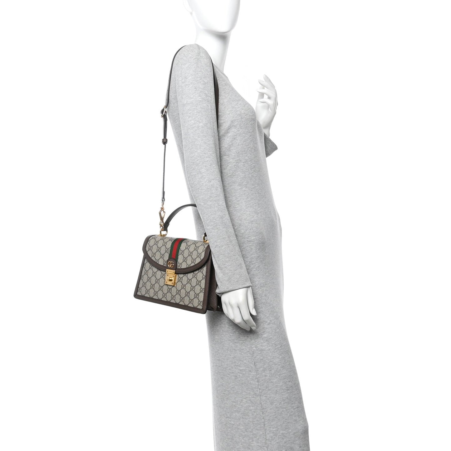 GG Supreme Monogram Textured Dollar Calfskin Web Small Ophidia Padlock Top Handle Bag Beige Ebony New Acero