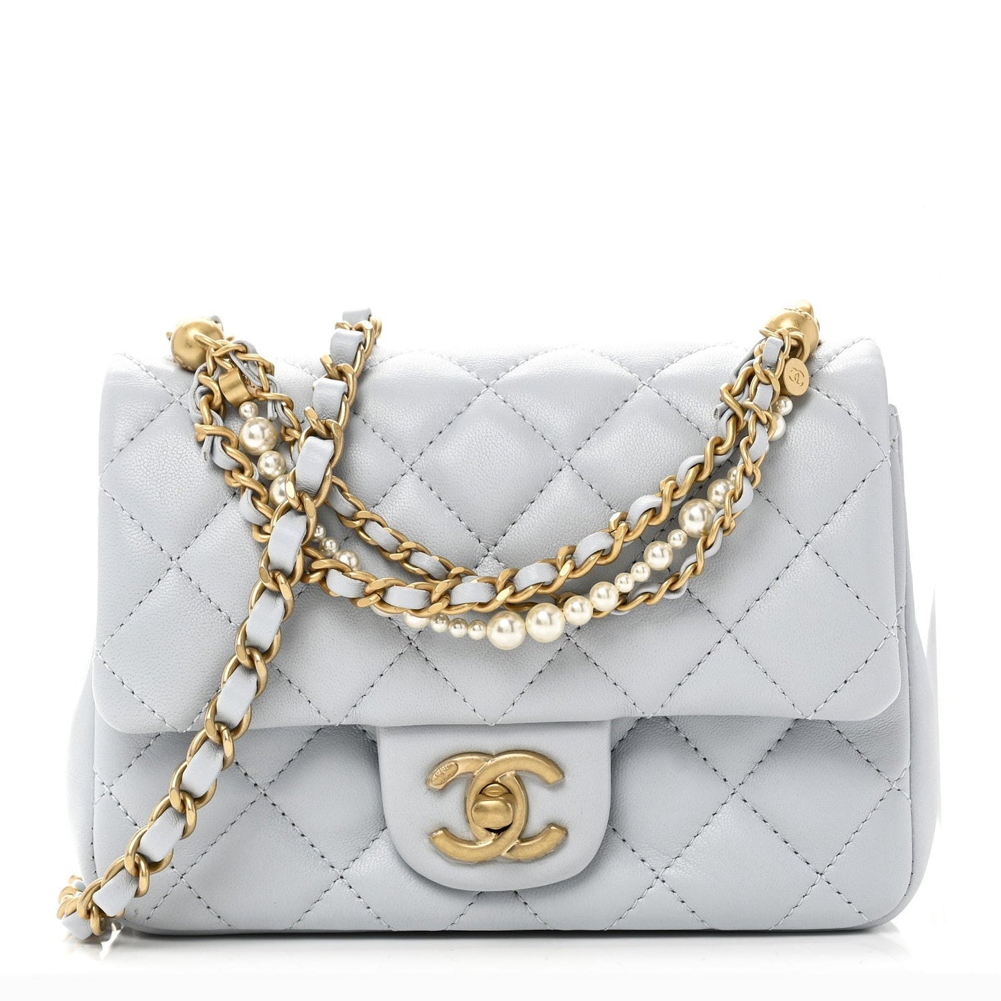 Shiny Lambskin Quilted Pearl Twist Mini Square Flap Light Blue