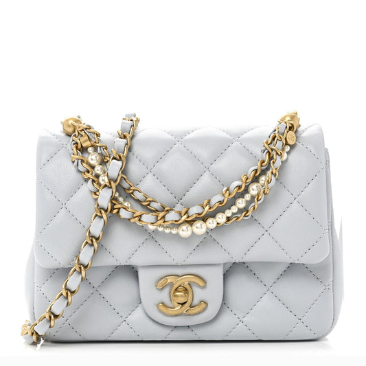 Shiny Lambskin Quilted Pearl Twist Mini Square Flap Light Blue