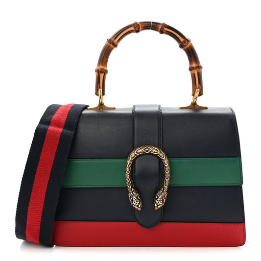 Moon Calfskin Bamboo Web Medium Dionysus Top Handle Bag Blue Emerald Hibiscus Red
