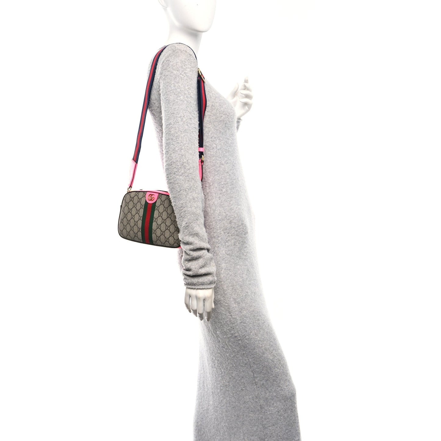 GG Supreme Monogram Textured Dollar Calfskin Web Ophidia Small Crossbody Bag Beige Ebony Fuchsia