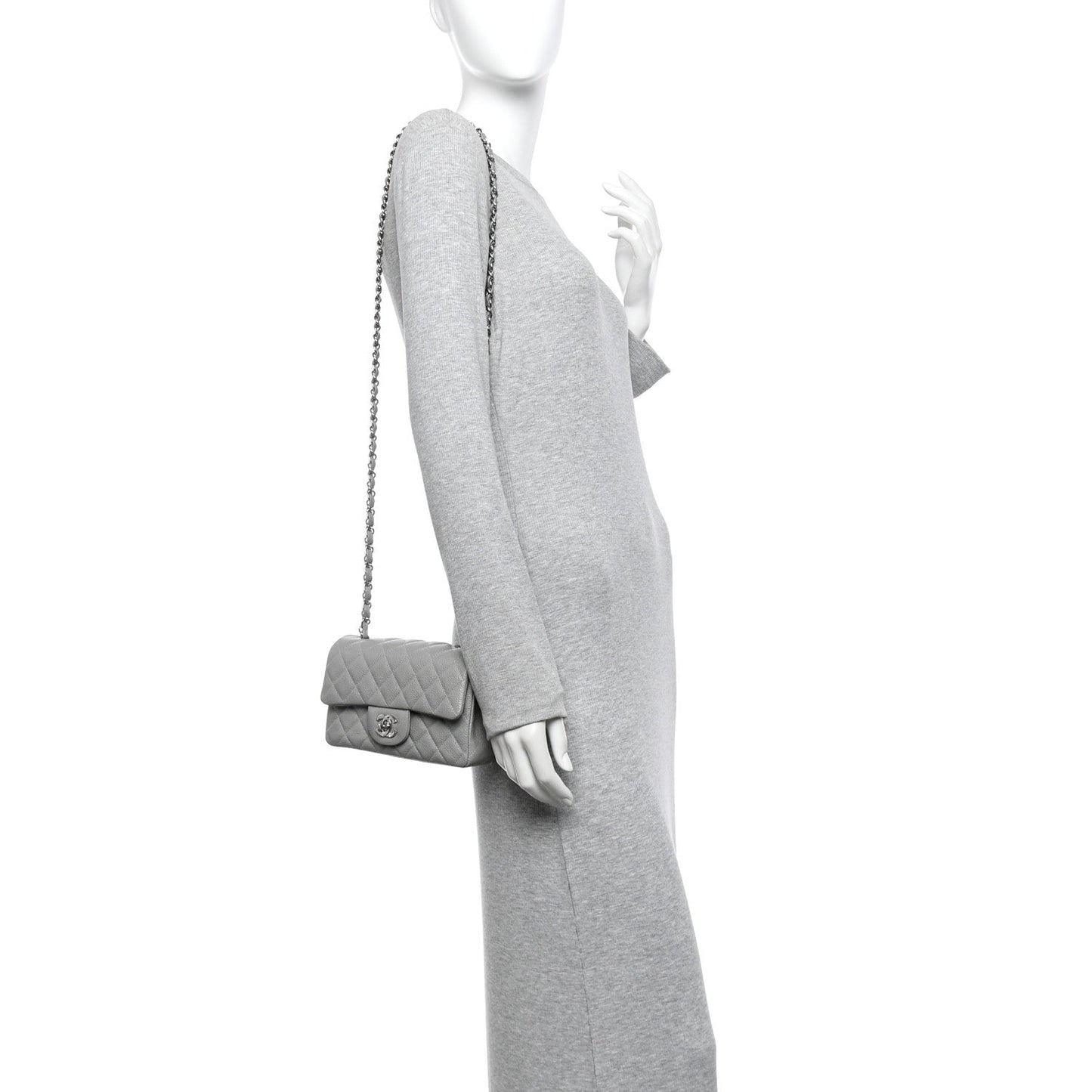 Caviar Quilted Mini Rectangular Flap Light Grey