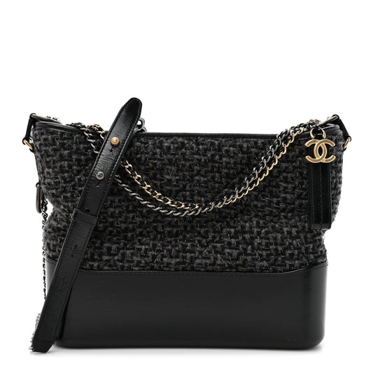Tweed Calfskin Quilted Medium Gabrielle Hobo Black