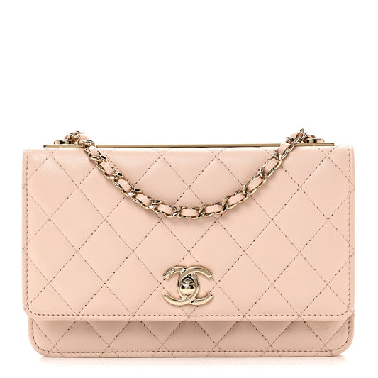 Lambskin Quilted Trendy CC Wallet On Chain WOC Light Beige