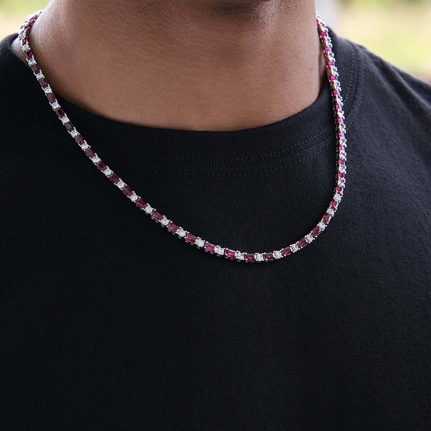 Ruby Baguette Tennis Chain in White Gold - 4MM