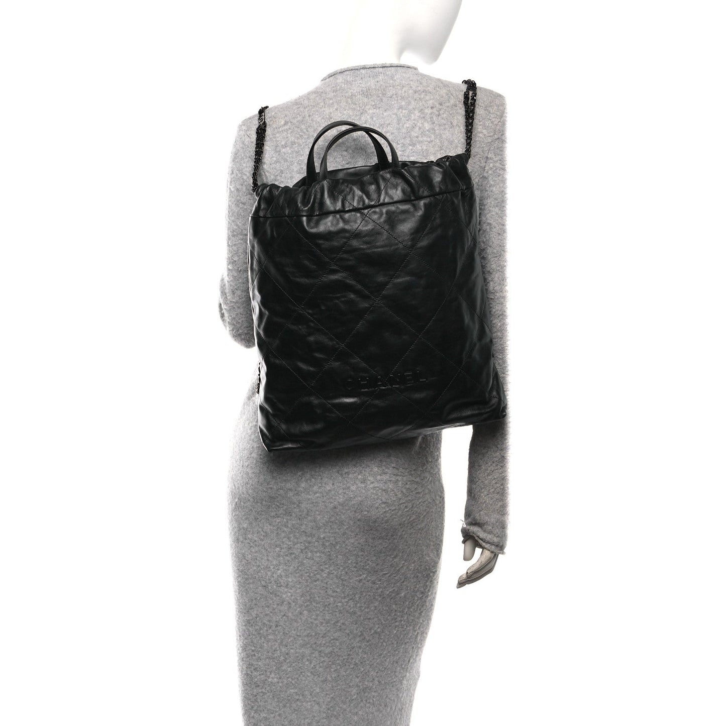 Shiny Calfskin Quilted Chanel 22 Backpack So Black
