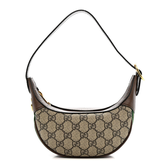 GG Supreme Monogram Textured Calfskin Web Mini Ophidia Half Moon Hobo Beige Ebony New Acero