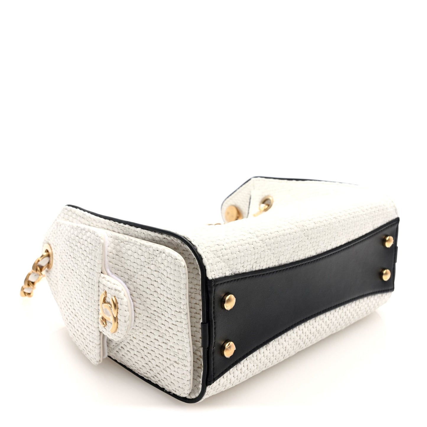 Braided Raffia Calfskin Mini Chanel 25 Handbag White Black