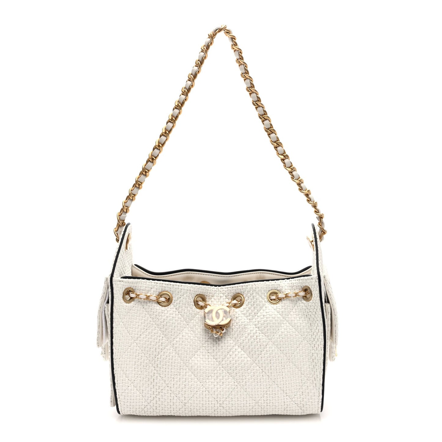 Braided Raffia Calfskin Mini Chanel 25 Handbag White Black