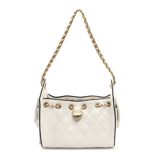 Braided Raffia Calfskin Mini Chanel 25 Handbag White Black