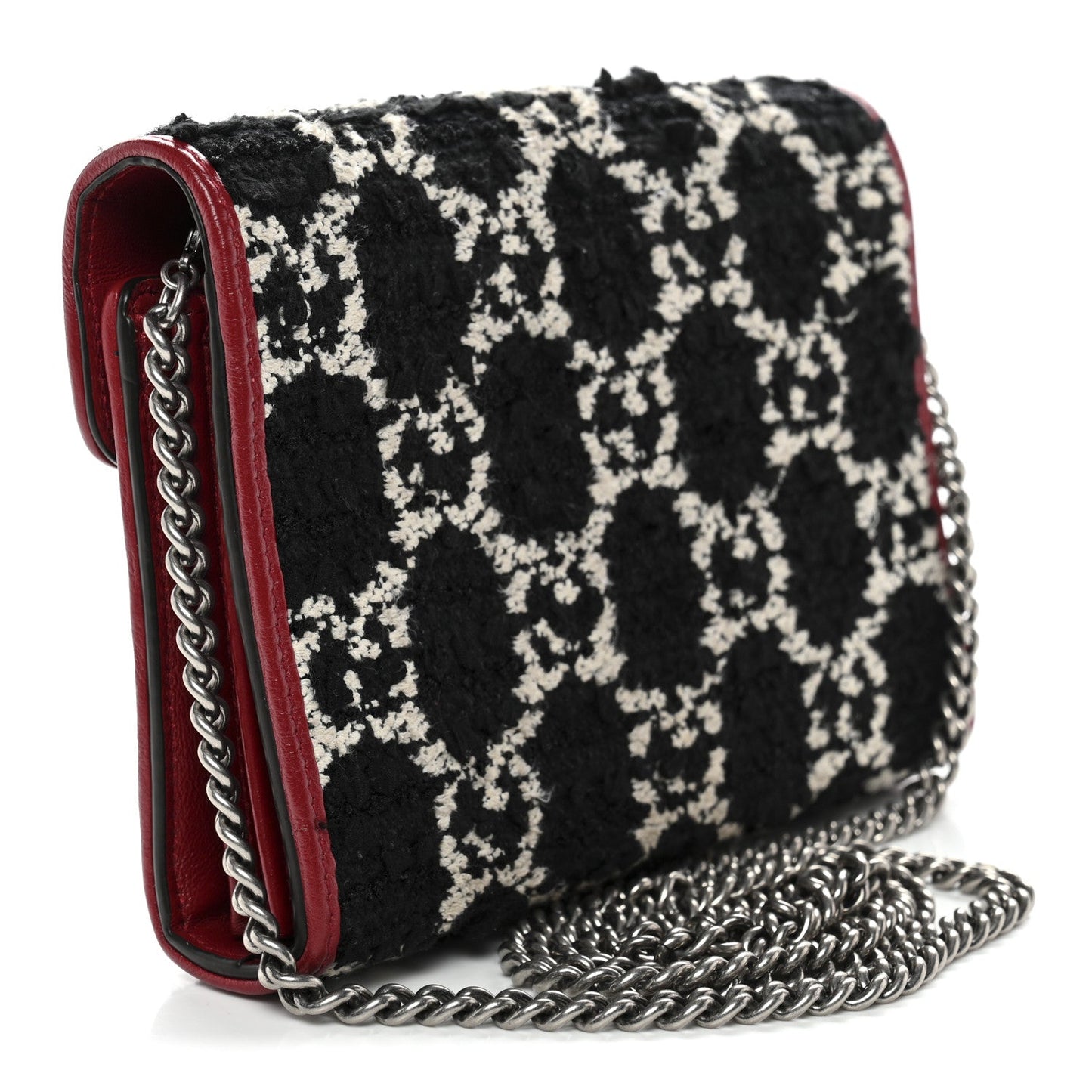 Tweed GG Monogram Mini Dionysus Chain Wallet Black White Romantic Cherry