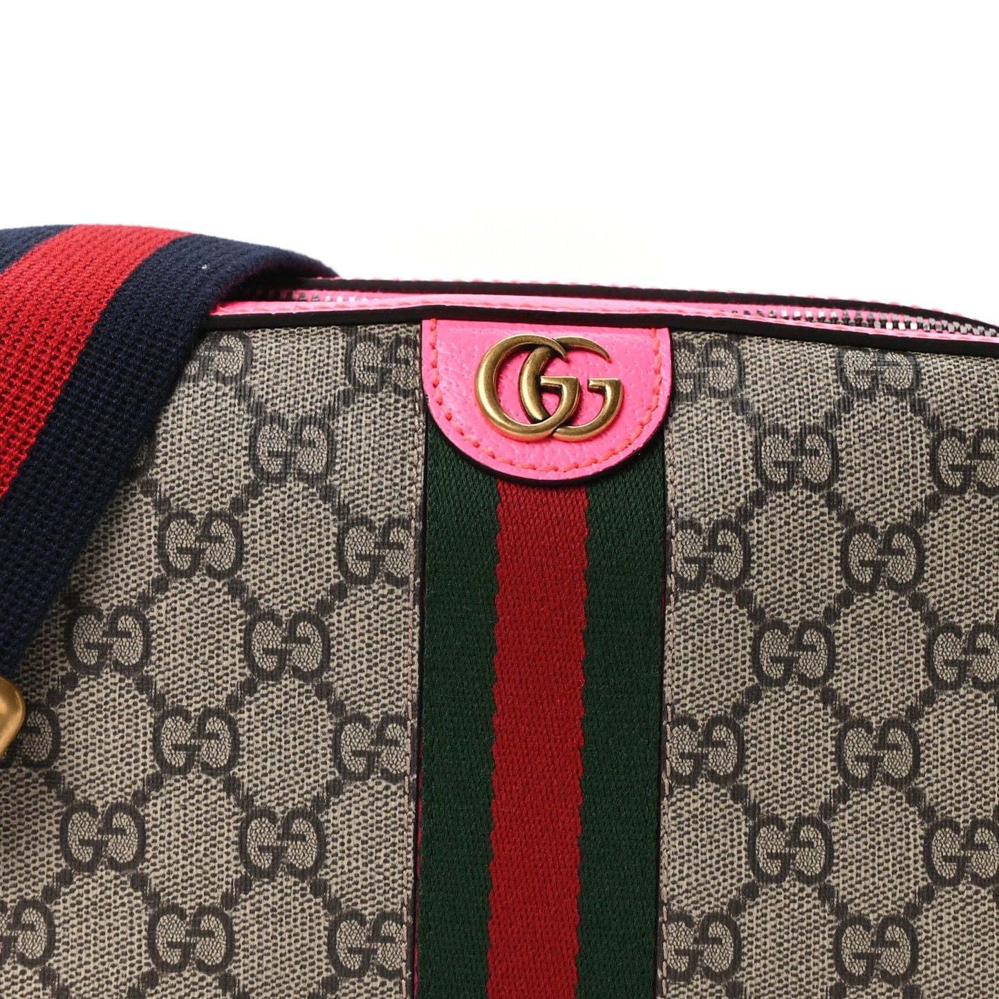 GG Supreme Monogram Textured Dollar Calfskin Web Ophidia Small Crossbody Bag Beige Ebony Fuchsia