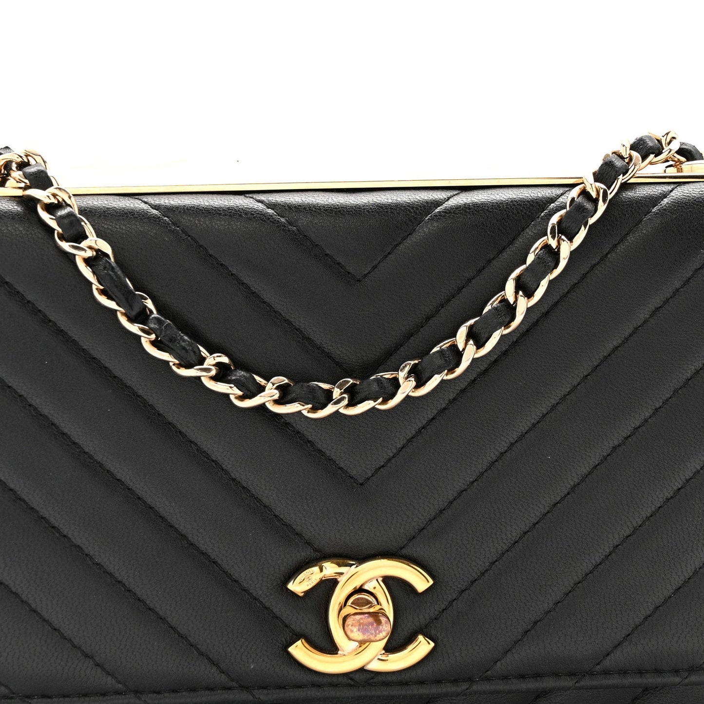 Lambskin Chevron Quilted Trendy CC Wallet On Chain WOC Black