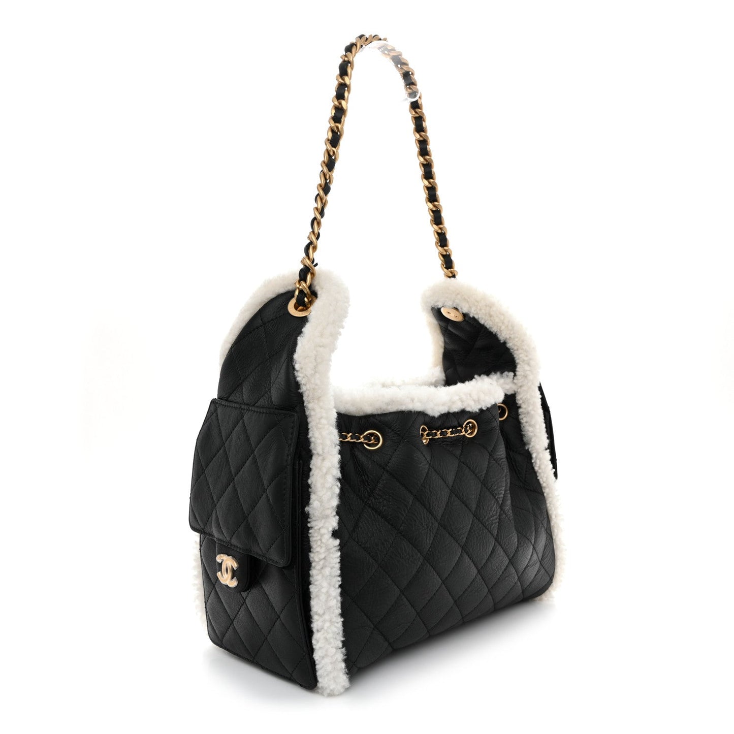 Crumpled Sheepskin Shearling Quilted Small Chanel 25 Handbag Black White