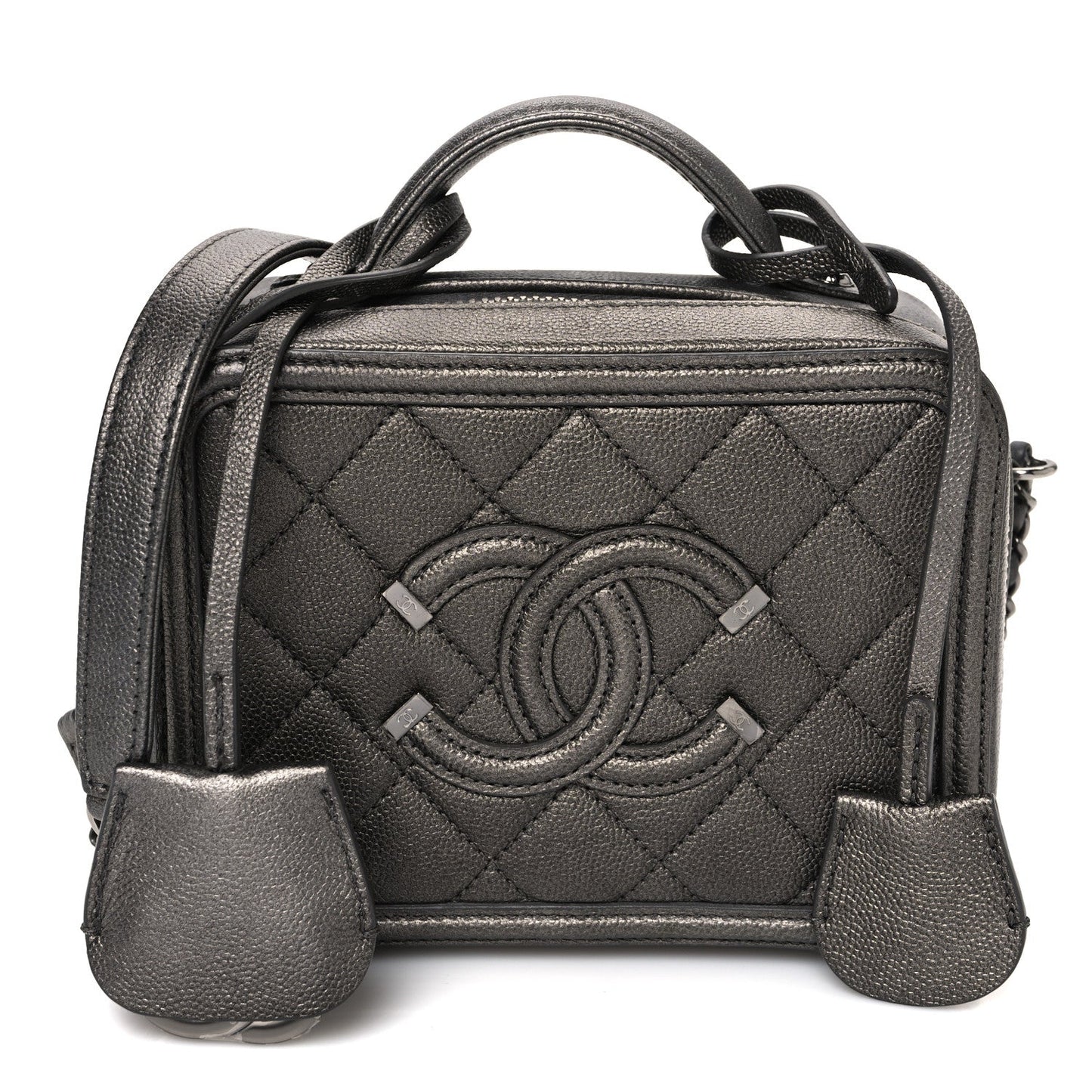 Metallic Caviar Quilted Small CC Filigree Vanity Case Dark Silver
