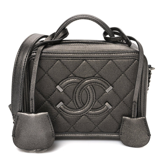 Metallic Caviar Quilted Small CC Filigree Vanity Case Dark Silver