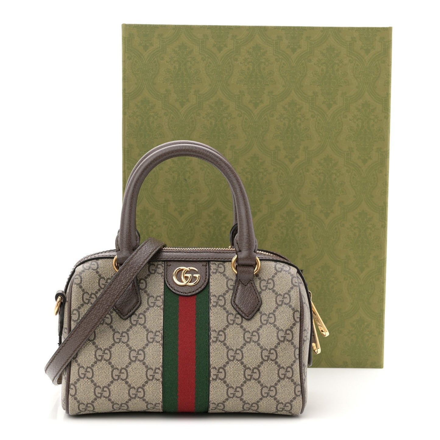 GG Supreme Monogram Textured Dollar Calfskin Web Mini Ophidia Top Handle Bag Beige Ebony New Acero