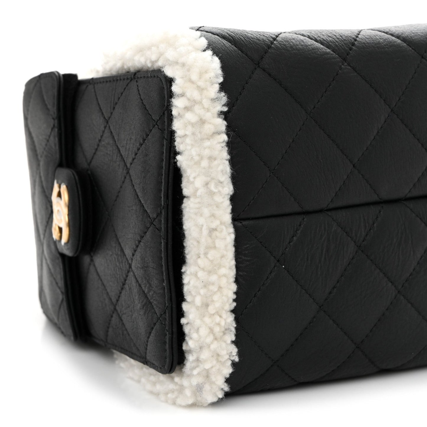 Crumpled Sheepskin Shearling Quilted Small Chanel 25 Handbag Black White