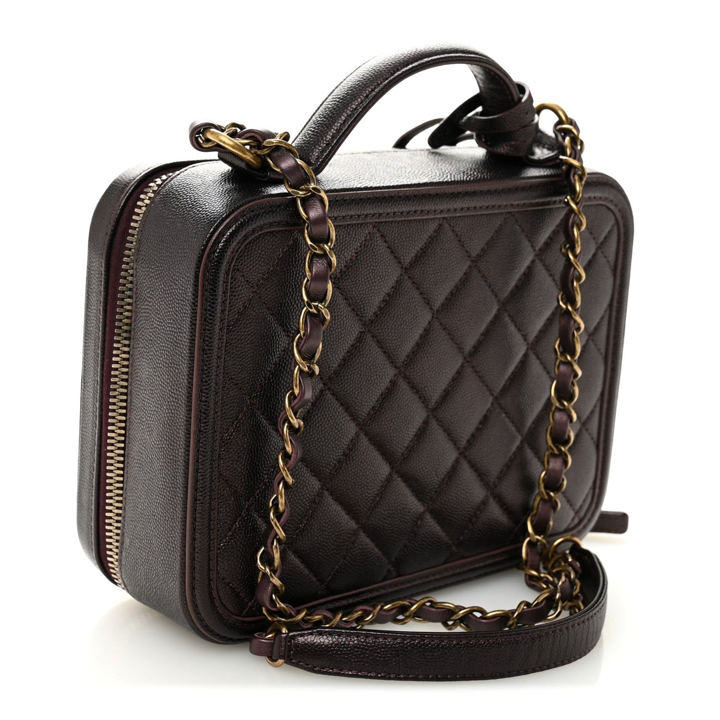 Iridescent Caviar Quilted Medium CC Filigree Vanity Case Burgundy