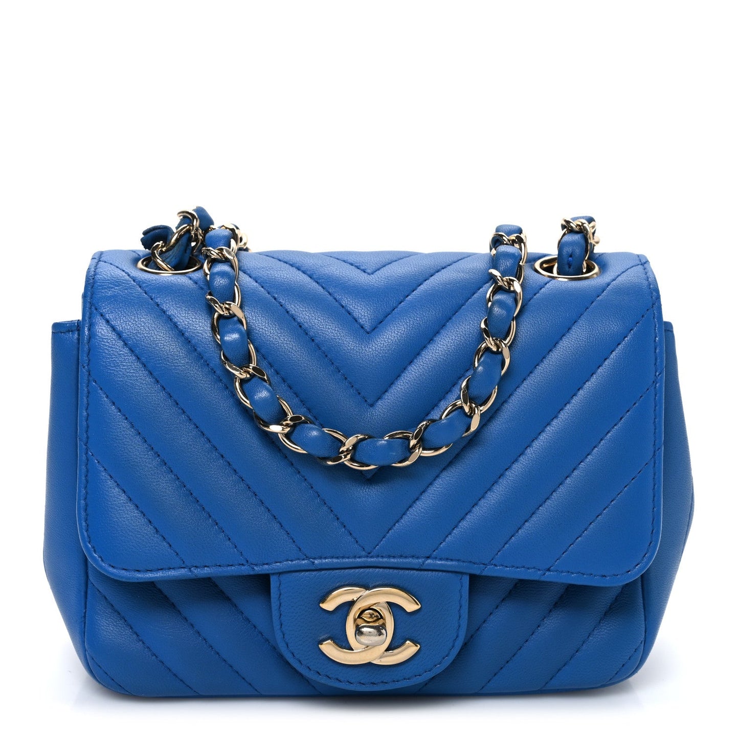 Lambskin Chevron Quilted Mini Square Flap Blue