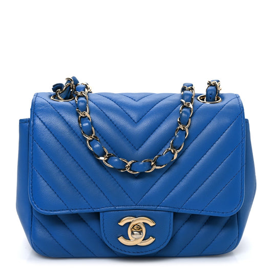 Lambskin Chevron Quilted Mini Square Flap Blue