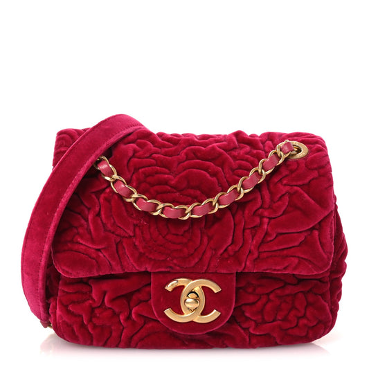 Velvet Camellia Embossed Mini Square Flap Fushia