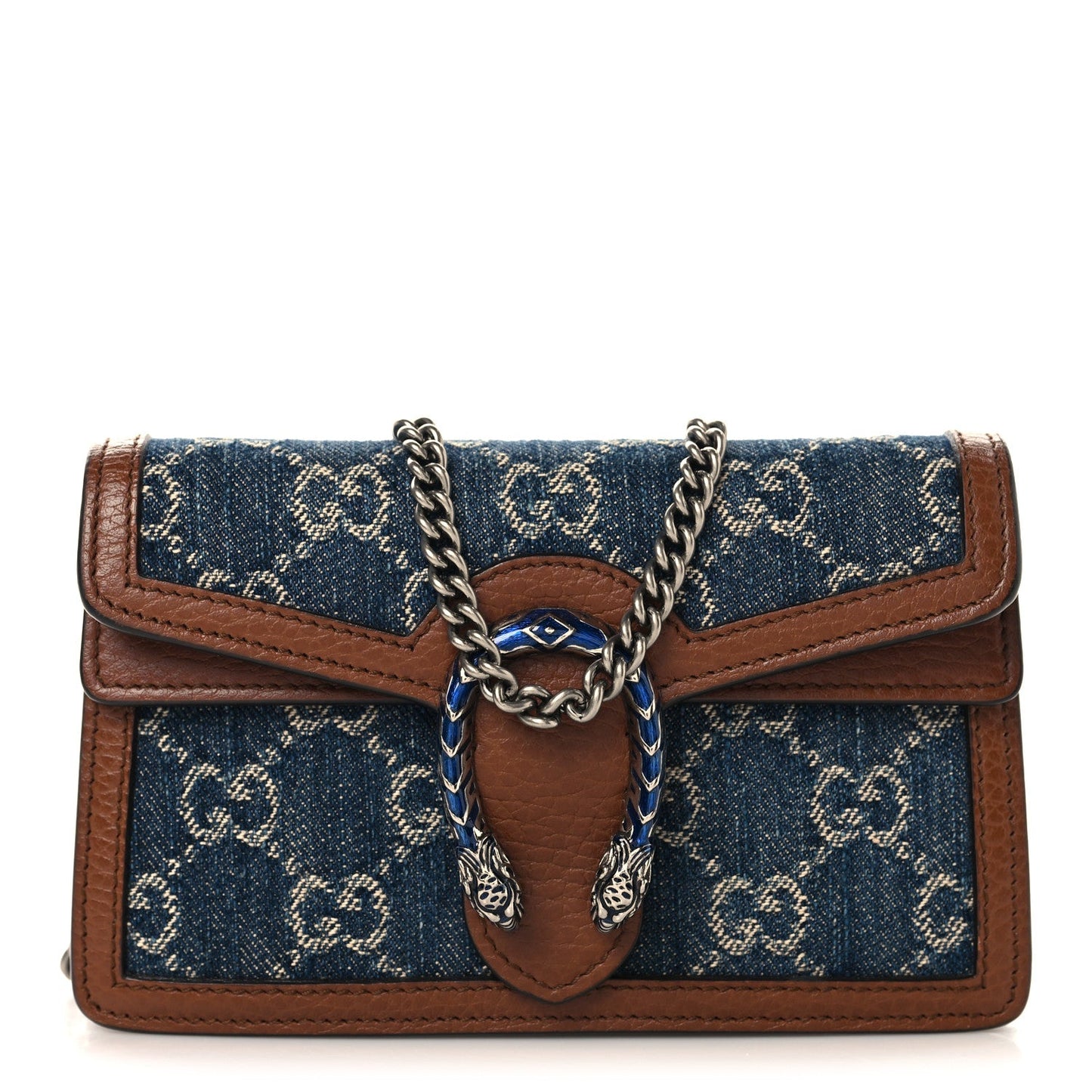 New Denim GG Monogram Dollar Calfskin Enamel Super Mini Dionysus Shoulder Bag Blue Tea Cuir Epilog Electric Blue