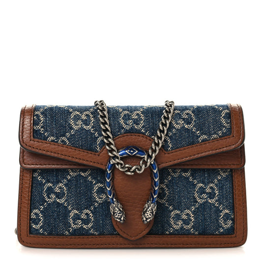 New Denim GG Monogram Dollar Calfskin Enamel Super Mini Dionysus Shoulder Bag Blue Tea Cuir Epilog Electric Blue