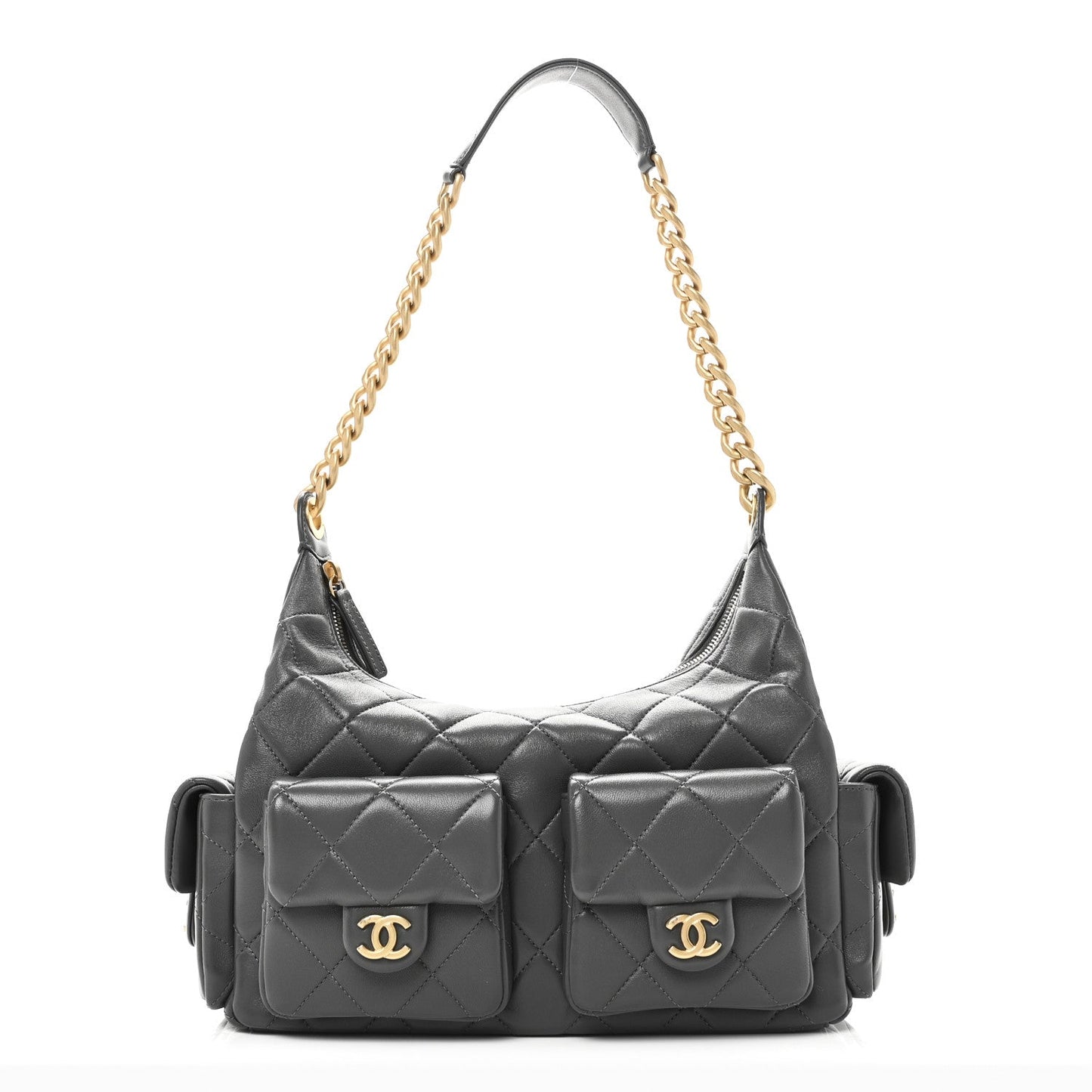 Shiny Lambskin Quilted Large Trendy Pockets Hobo Grey