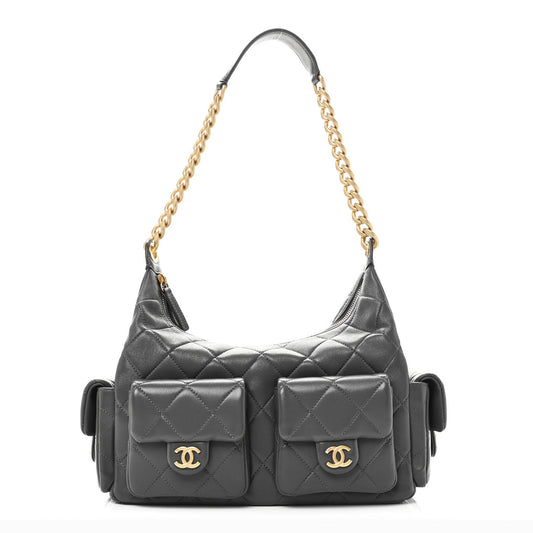 Shiny Lambskin Quilted Large Trendy Pockets Hobo Grey