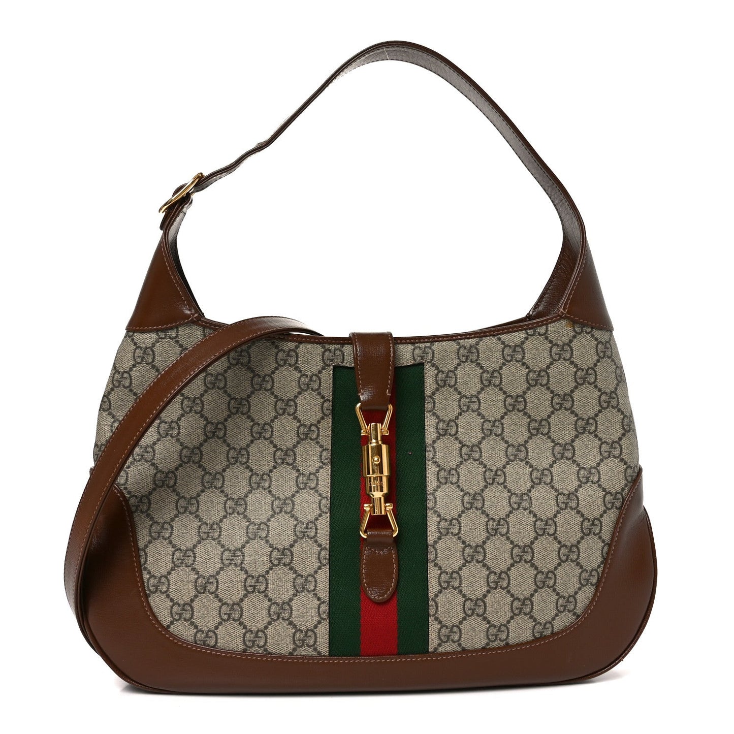 GG Supreme Monogram Azalea Calfskin Web Medium Jackie 1961 Hobo Beige Ebony Brown Sugar