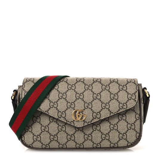 GG Supreme Monogram Textured Dollar Calfskin Web Mini Ophidia Envelope Shoulder Bag Beige Ebony New Acero