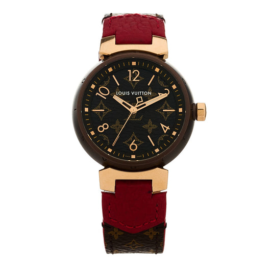 Stainless Steel 18K Rose Gold Monogram 34mm Tambour Quartz Watch Brown