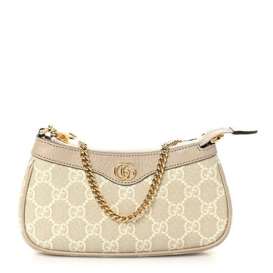 GG Supreme Monogram Textured Dollar Calfskin Web Mini Ophidia GG Handbag Beige Mystic White Oatmeal
