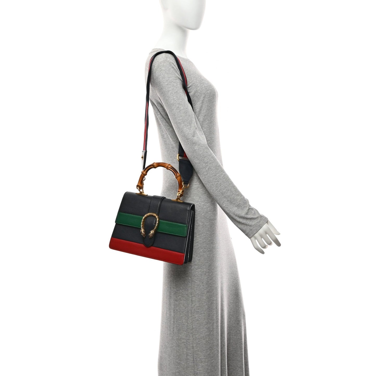 Moon Calfskin Bamboo Web Medium Dionysus Top Handle Bag Blue Emerald Hibiscus Red