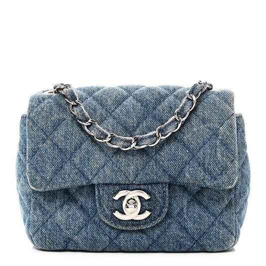 Denim CC Quilted Mini Square Flap Blue