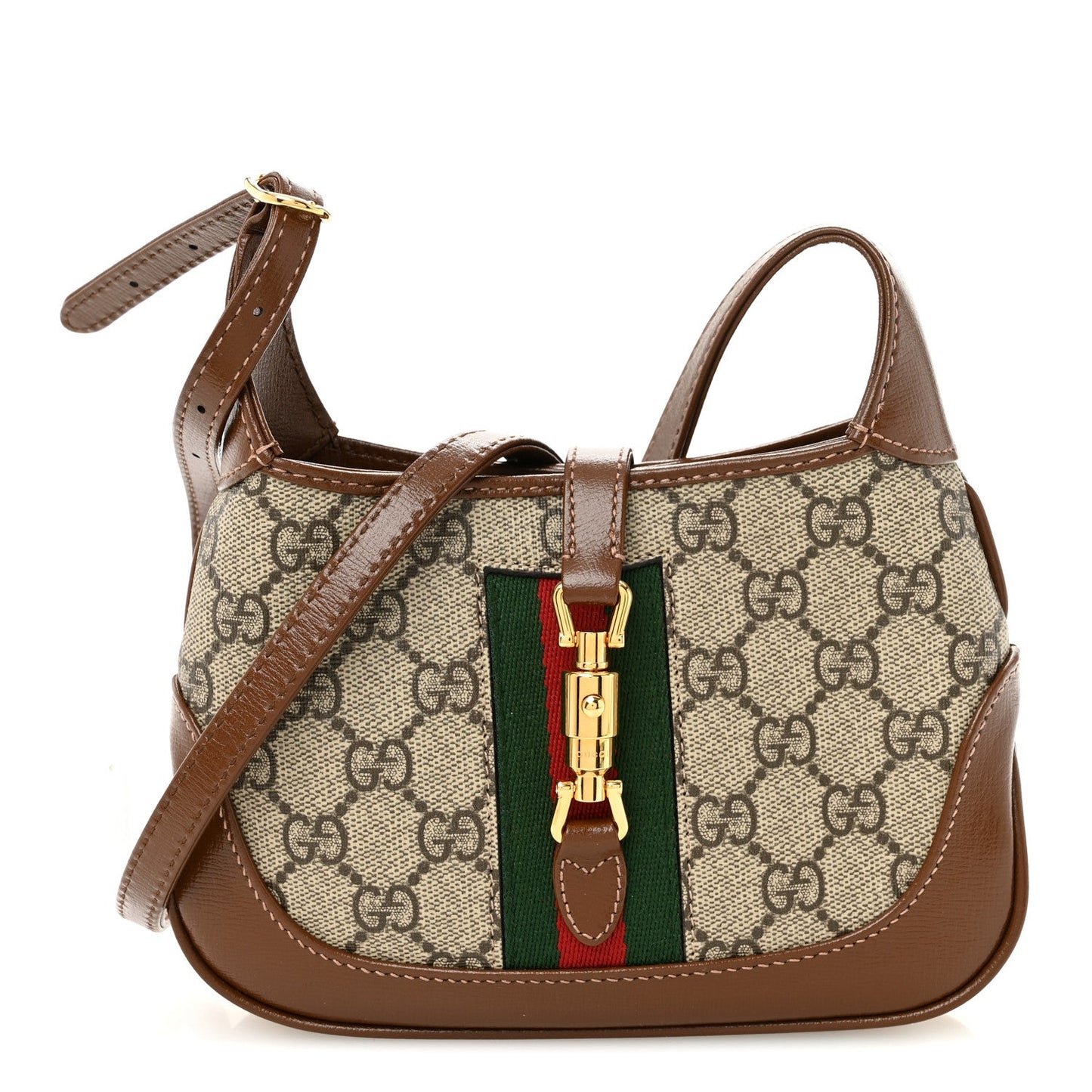 GG Supreme Monogram Azalea Calfskin Web Mini Jackie 1961 Hobo Beige Ebony Brown Sugar