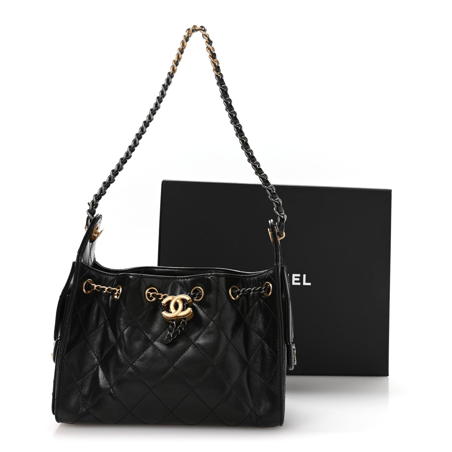 Shiny Crumpled Calfskin Quilted Mini Chanel 25 Handbag Black