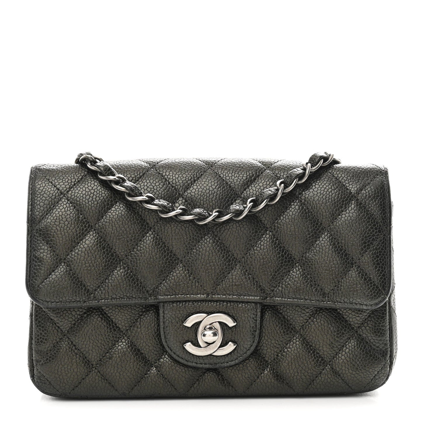 Metallic Caviar Quilted Mini Rectangular Flap Dark Grey