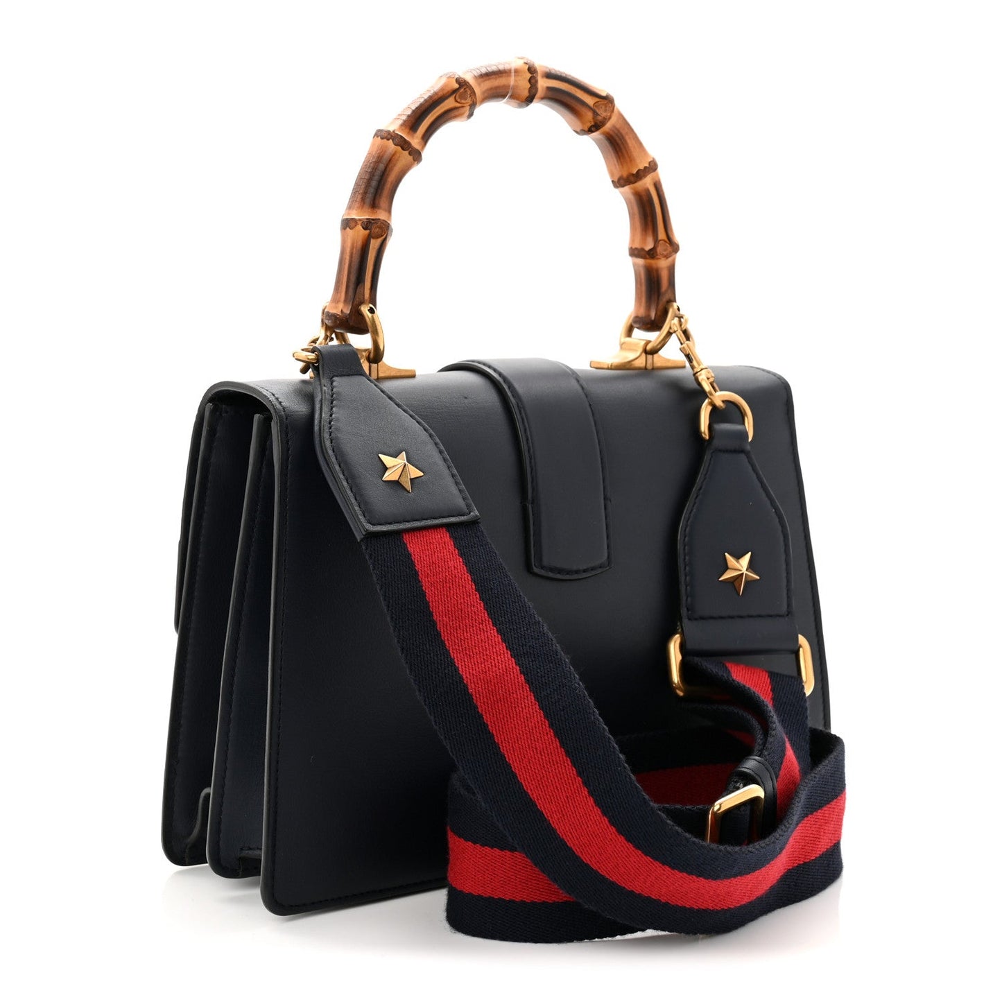 Moon Calfskin Web Medium Dionysus Bamboo Top Handle Bag Black Bright Evergreen Hibiscus Red
