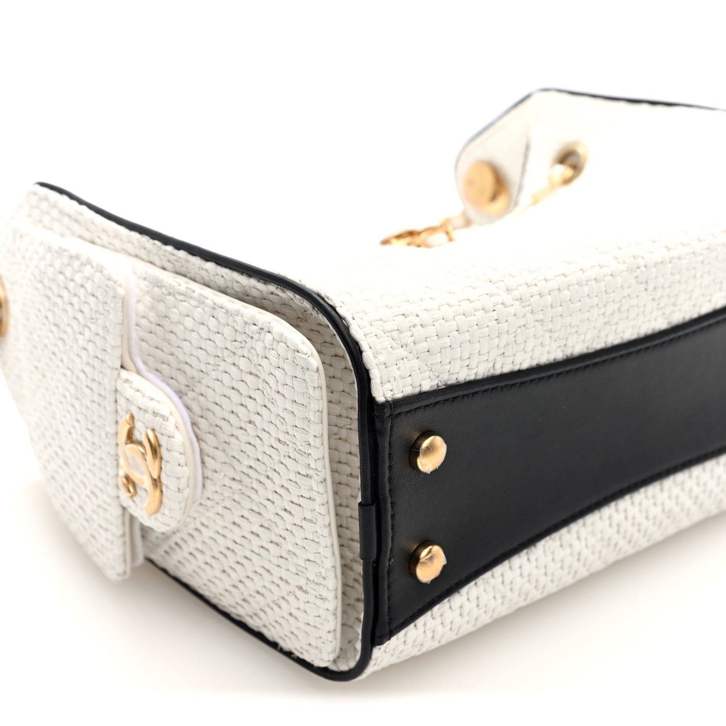 Braided Raffia Calfskin Mini Chanel 25 Handbag White Black