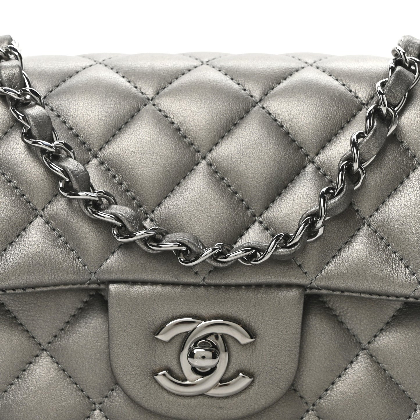 Metallic Lambskin Quilted Mini Rectangular Flap  Dark Grey