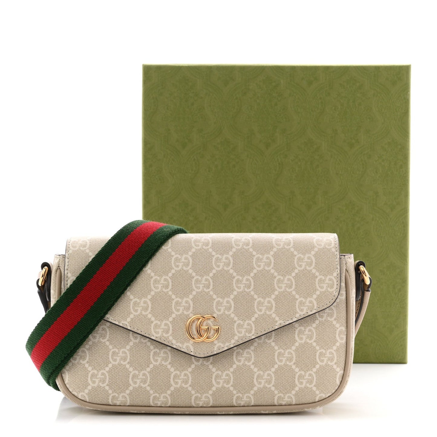 GG Supreme Monogram Textured Dollar Calfskin Web Mini Ophidia Envelope Shoulder Bag Beige Mystic White Oatmeal