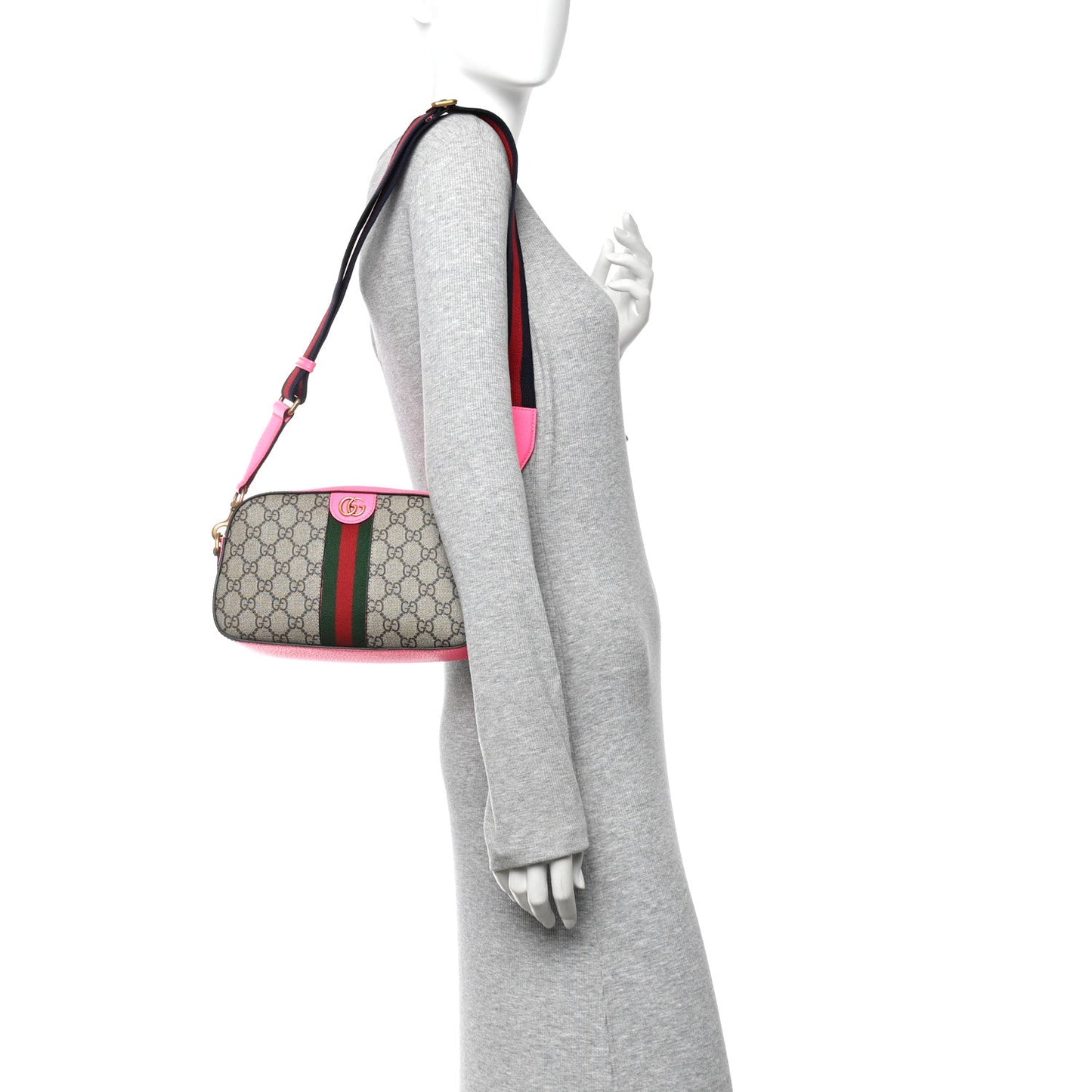 GG Supreme Monogram Textured Dollar Calfskin Web Ophidia Small Crossbody Bag Beige Ebony Fuchsia