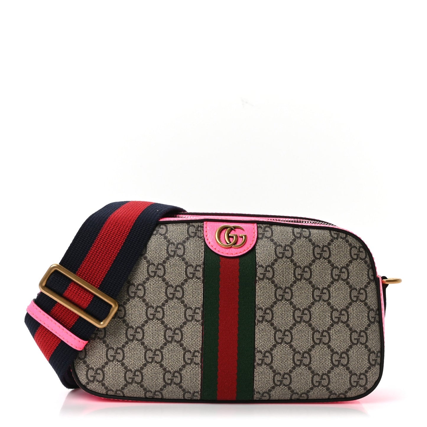 GG Supreme Monogram Textured Dollar Calfskin Web Ophidia Small Crossbody Bag Beige Ebony Fuchsia