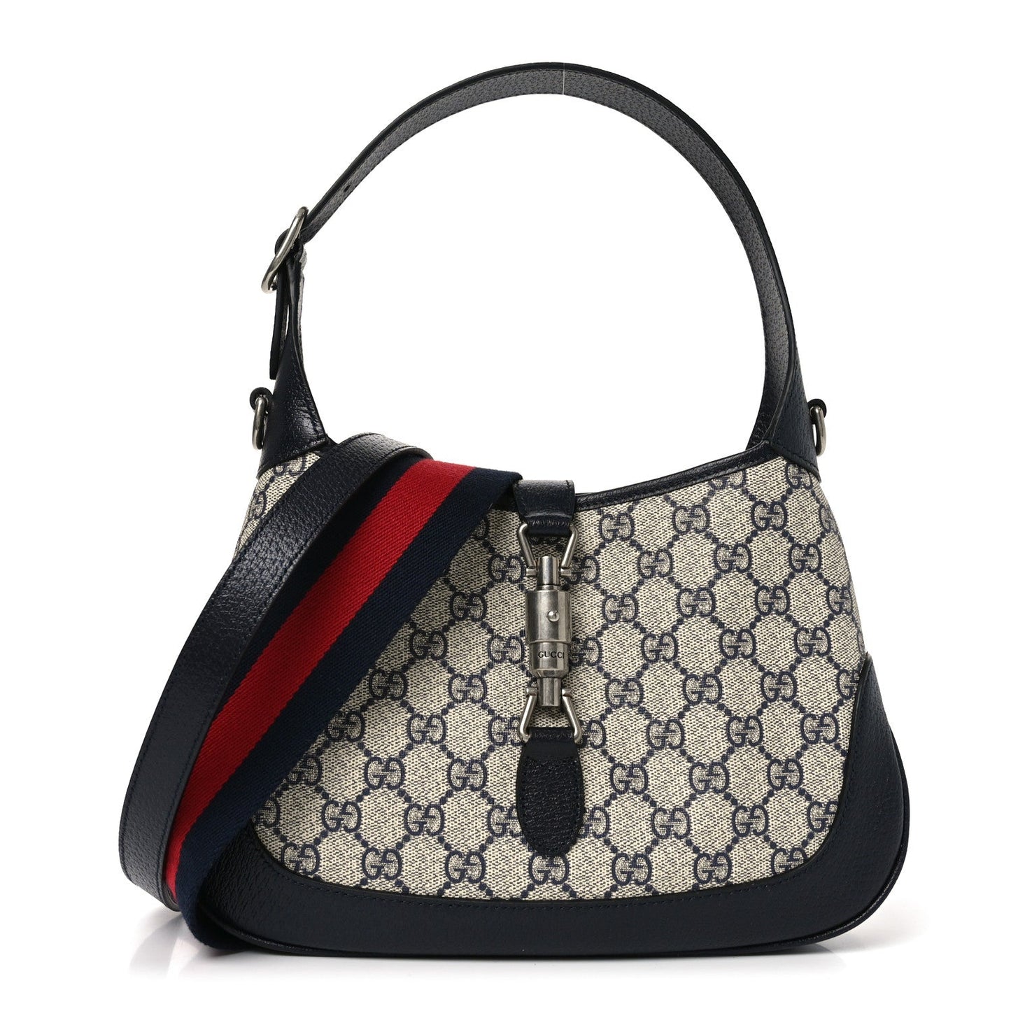 GG Supreme Monogram Textured Dollar Calfskin Web Small Jackie 1961 Hobo Beige Blue